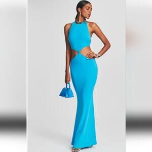 Retrofete Raven Dress in Peacock Blue Size Large Halter Open Back NWT